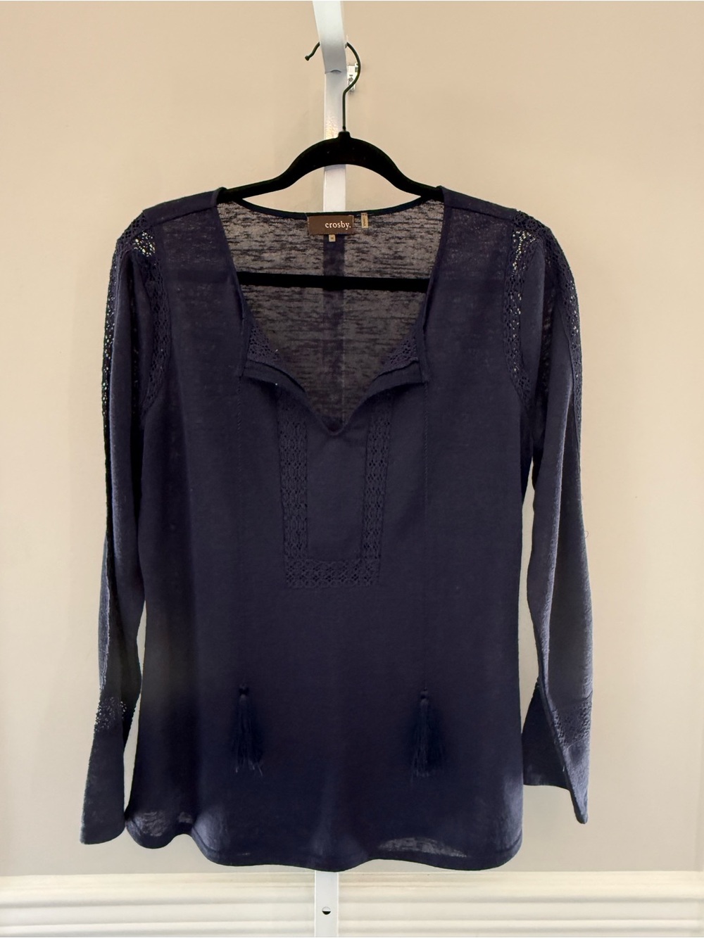 Crosby Navy Blue Peasant Top M Boho Long Sleeve Tassel Split Neck Like New